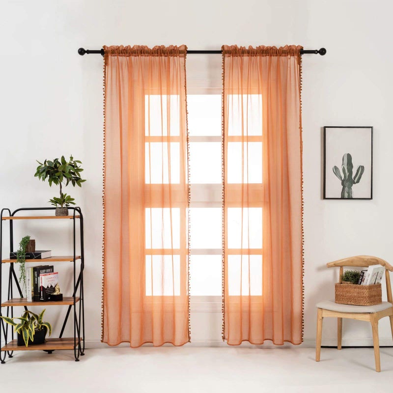 MISS SELECTEX Linen Look Pom Pom Tasseled Sheer Curtains - Rod Pocket Voile Semi-Sheer Curtains for Living and Bedroom, Set of 2 Curtain Panels (52 x 63 inch, Pumpkin Yellow) - Image 2